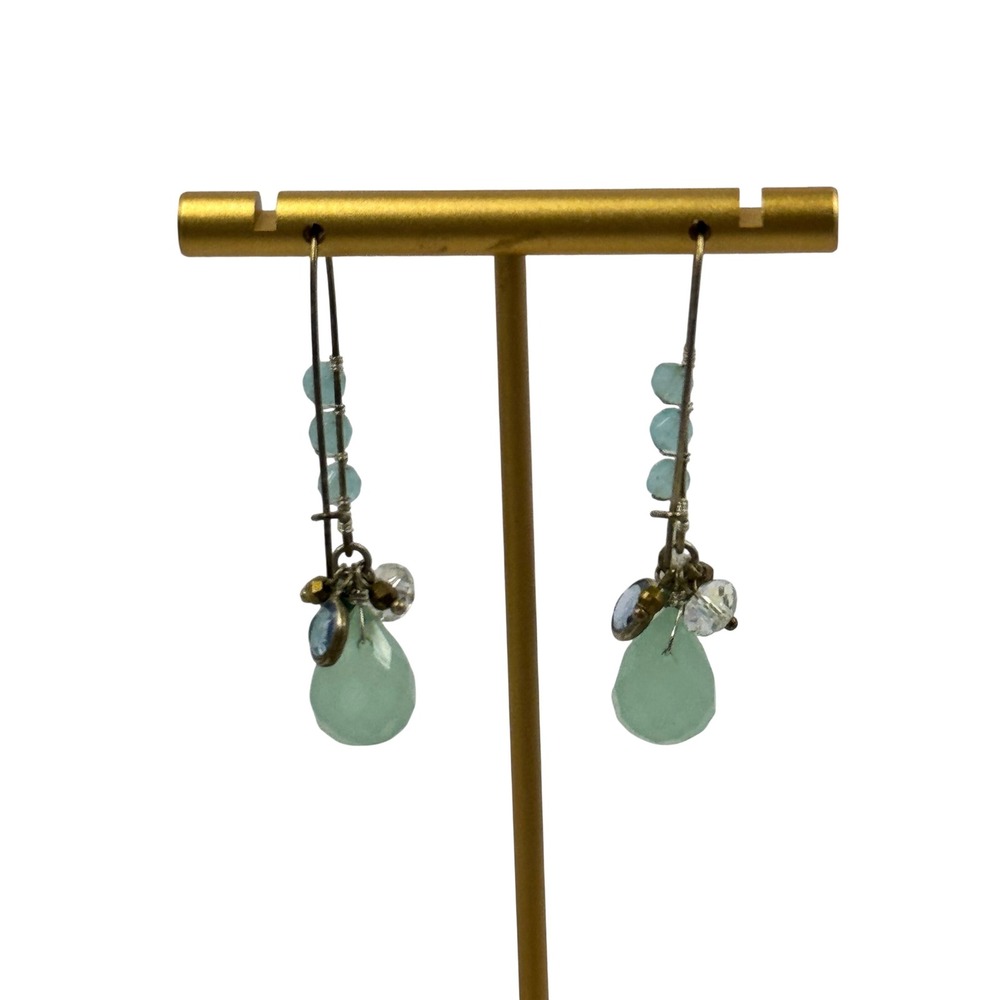 Boho Seafoam Green Blue Beaded Teardrop Dangle Earrings Silver Tone‎ Kidney Wire - Picture 2 of 4
